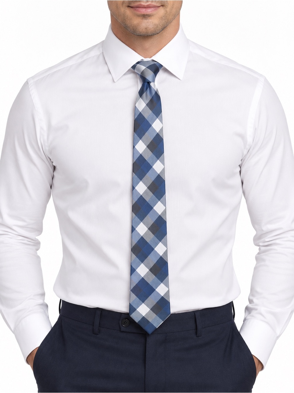 The Tie Bar Mens Silk Tie Navy Blue Gray White Plaid Necktie 60 Inch Classic